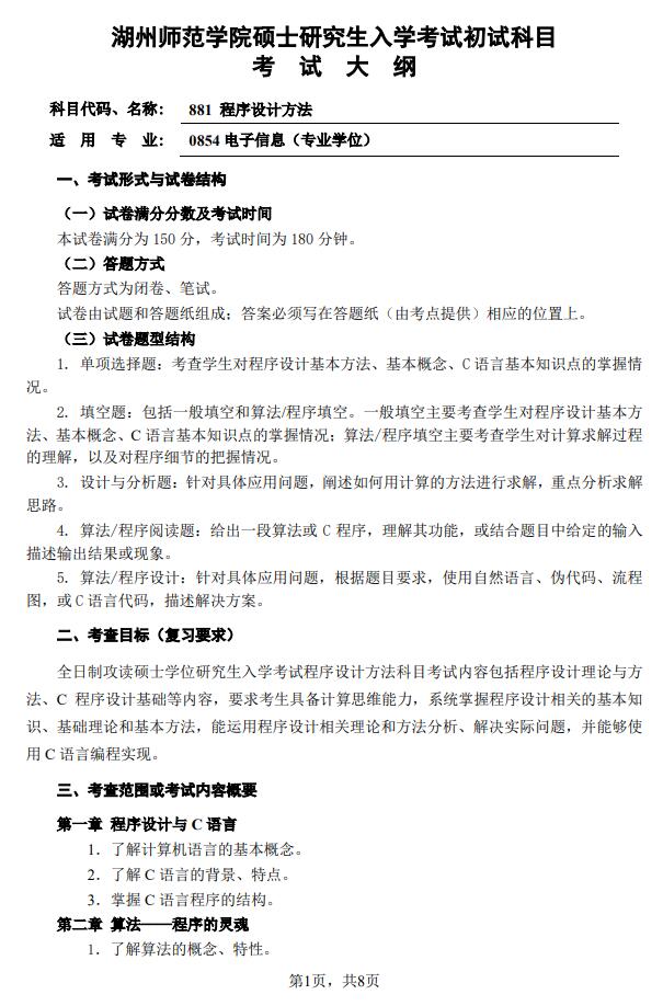 湖州师范学院2022年考研自命题科目 881-程序设计方法 考试大纲.jpg