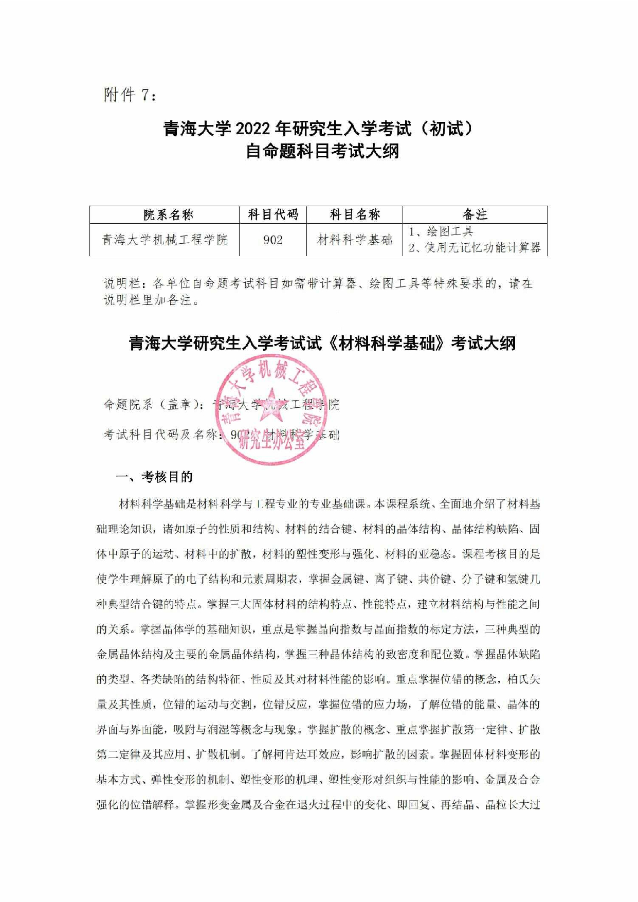 2022考研大纲：青海大学2022年考研自命题科目 902材料科学基础 考试大纲第1页