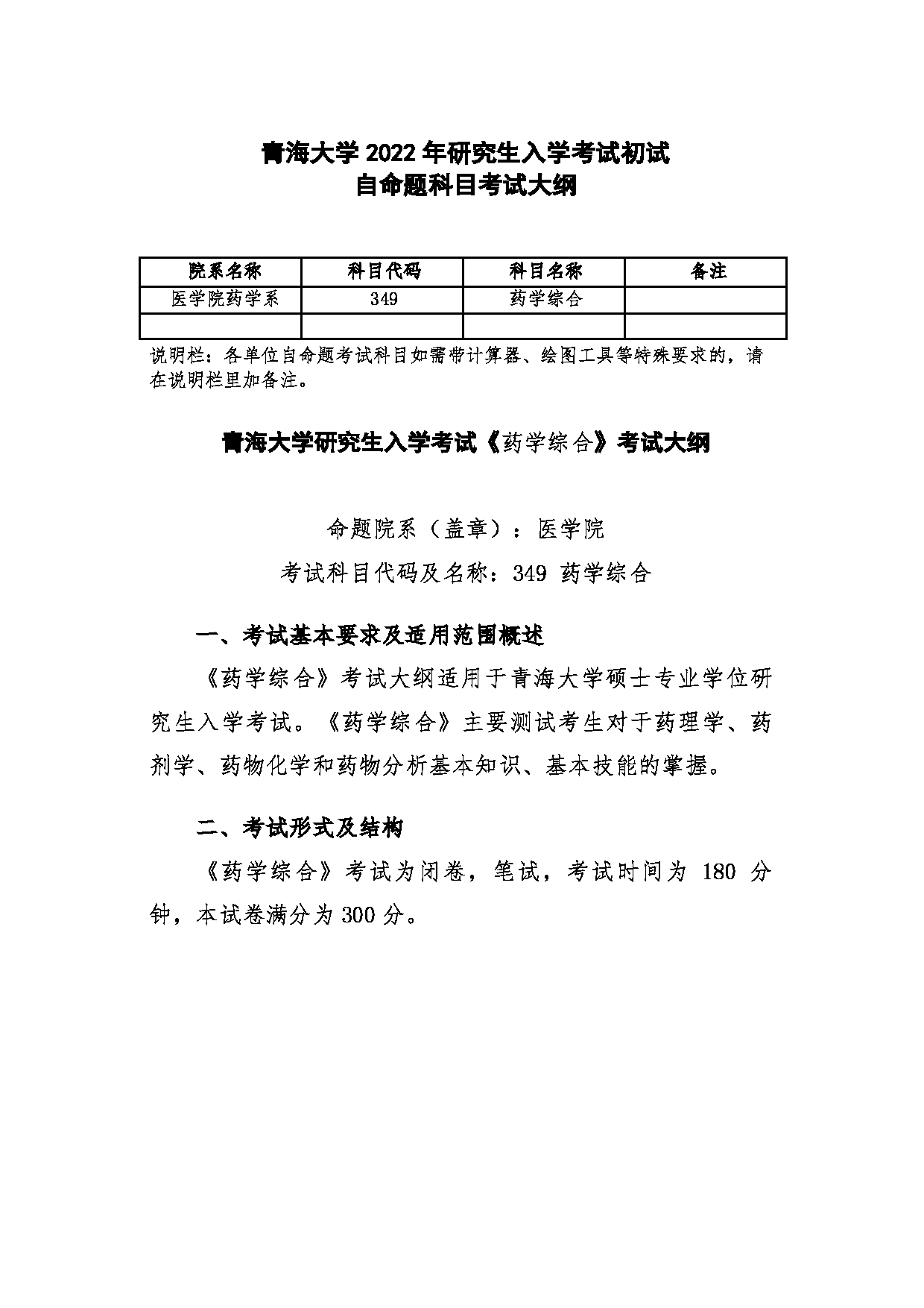 2022考研大纲：青海大学2022年考研自命题科目 349药学综合新 考试大纲第1页