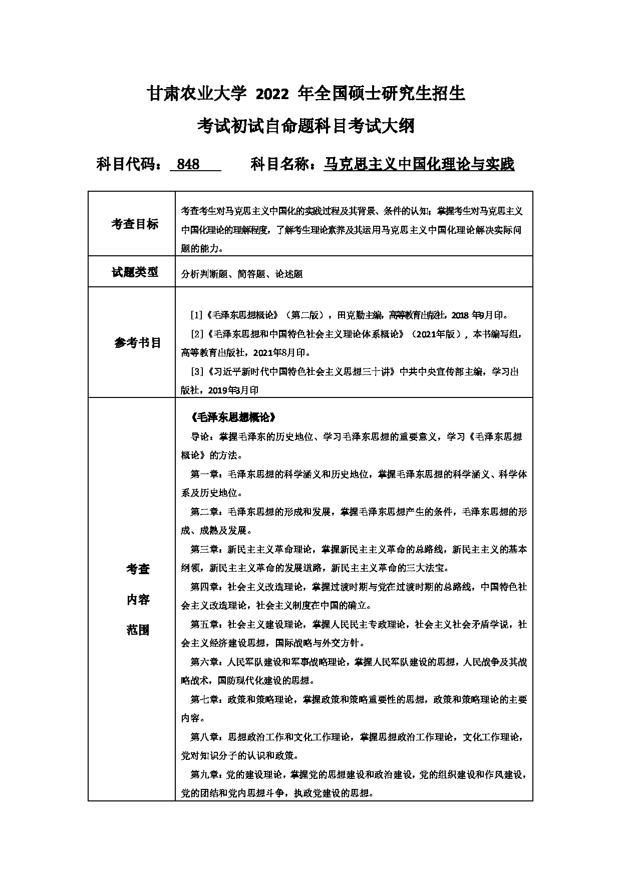 2022考研大纲:甘肃农业大学2022年考研初试科目 848-《马克思主义中国化理论与实践》考试大纲 考试大纲第1页 2022考研大纲:甘肃农业大学2022年考研初试科目 848-《马克思主义中国化理论与实践》考试大纲 考试大纲第1页