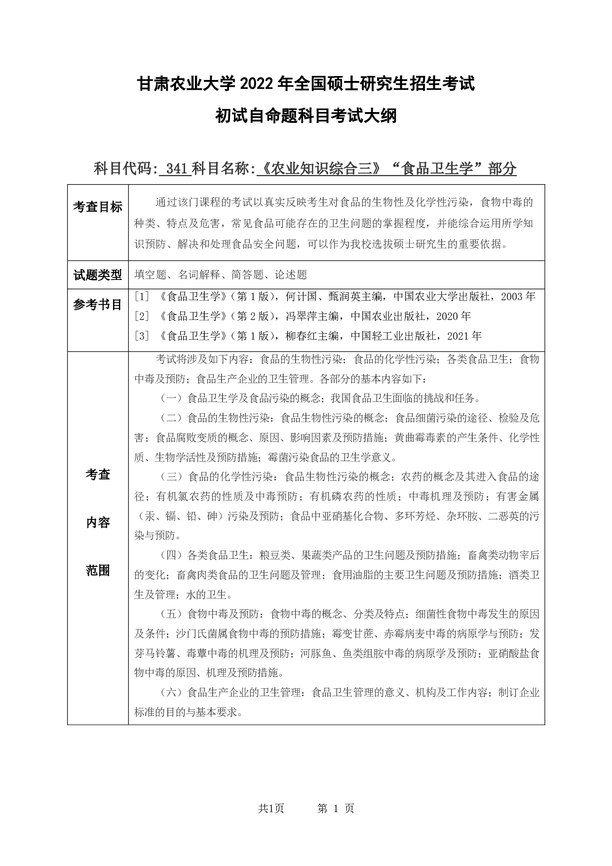 2022考研大纲:甘肃农业大学2022年考研初试科目 341-《农业知识综合三》(“食品卫生学”部分)考试大纲 考试大纲第1页 2022考研大纲:甘肃农业大学2022年考研初试科目 341-《农业知识综合三》(“食品卫生学”部分)考试大纲 考试大纲第1页