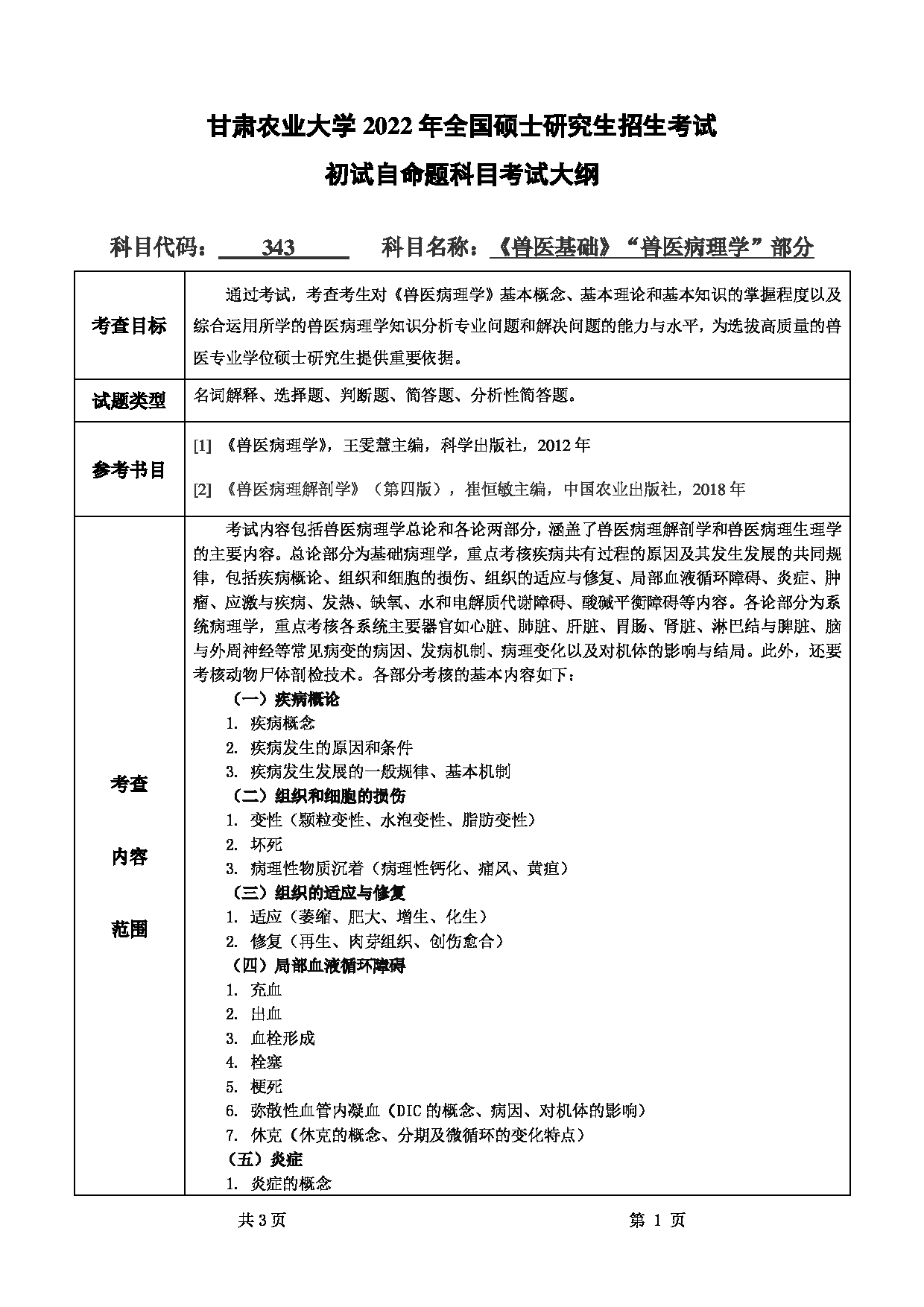 2022考研大纲:甘肃农业大学2022年考研初试科目 343-《兽医基础》(“兽医病理学”部分)考试大纲 考试大纲第1页 2022考研大纲:甘肃农业大学2022年考研初试科目 343-《兽医基础》(“兽医病理学”部分)考试大纲 考试大纲第1页