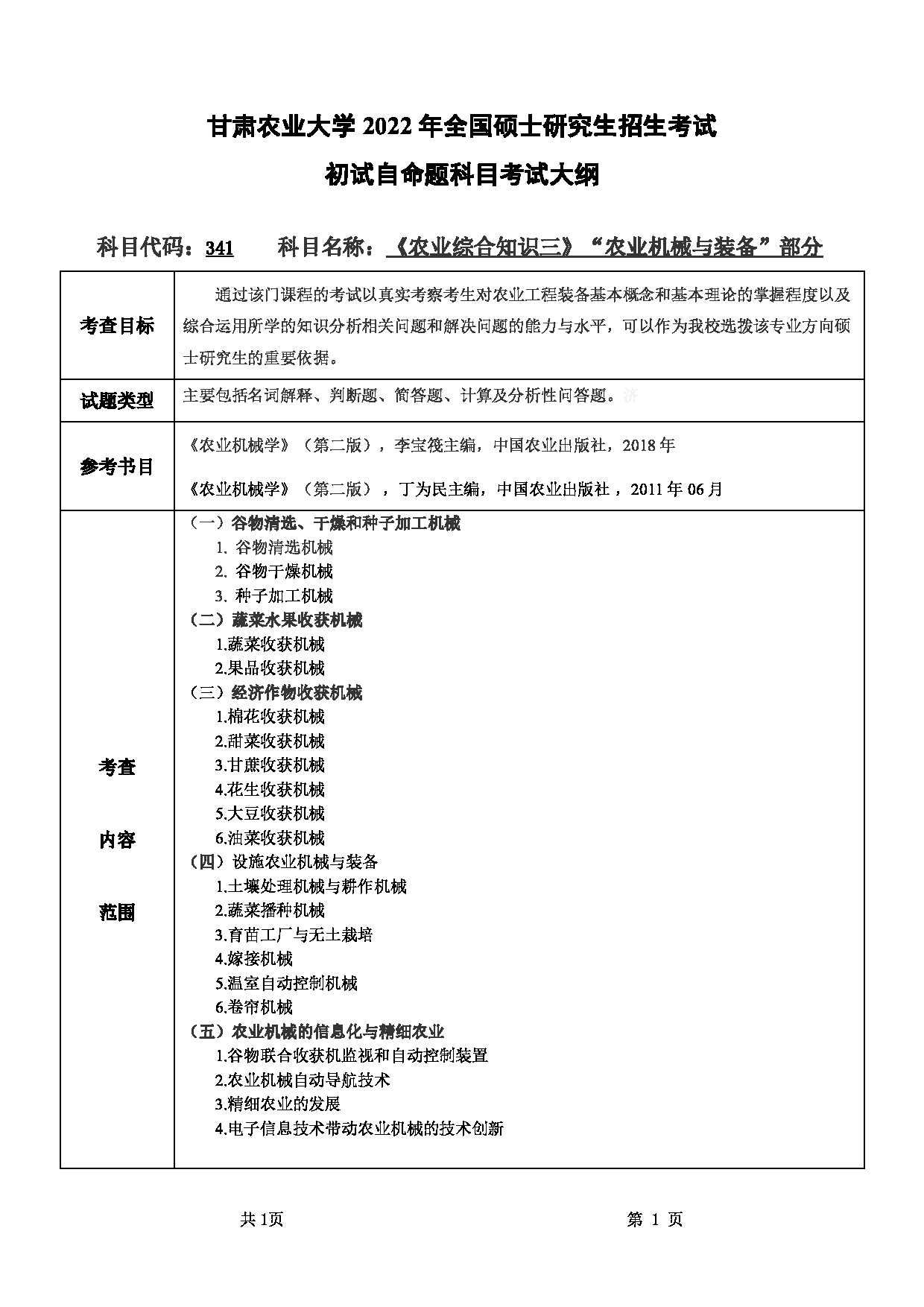 2022考研大纲:甘肃农业大学2022年考研初试科目 341-《农业综合知识三》(“农业机械与装备”部分)考试大纲 考试大纲第1页 2022考研大纲:甘肃农业大学2022年考研初试科目 341-《农业综合知识三》(“农业机械与装备”部分)考试大纲 考试大纲第1页