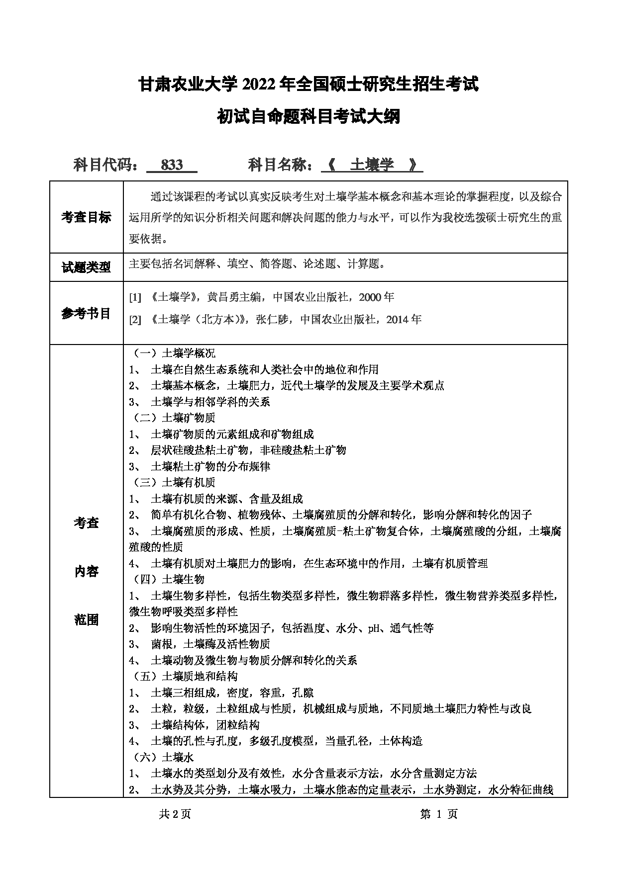 2022考研大纲:甘肃农业大学2022年考研初试科目 833-《土壤学》考试大纲 考试大纲第1页 2022考研大纲:甘肃农业大学2022年考研初试科目 833-《土壤学》考试大纲 考试大纲第1页