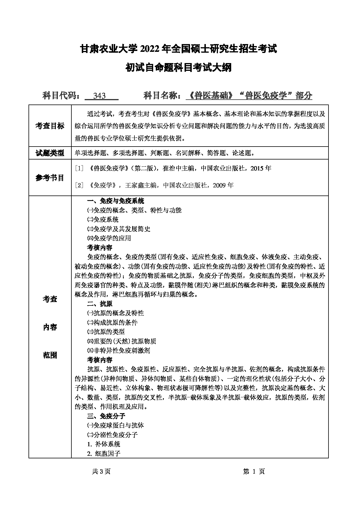 2022考研大纲:甘肃农业大学2022年考研初试科目 343-《兽医基础》(“兽医免疫学”部分)考试大纲 考试大纲第1页 2022考研大纲:甘肃农业大学2022年考研初试科目 343-《兽医基础》(“兽医免疫学”部分)考试大纲 考试大纲第1页
