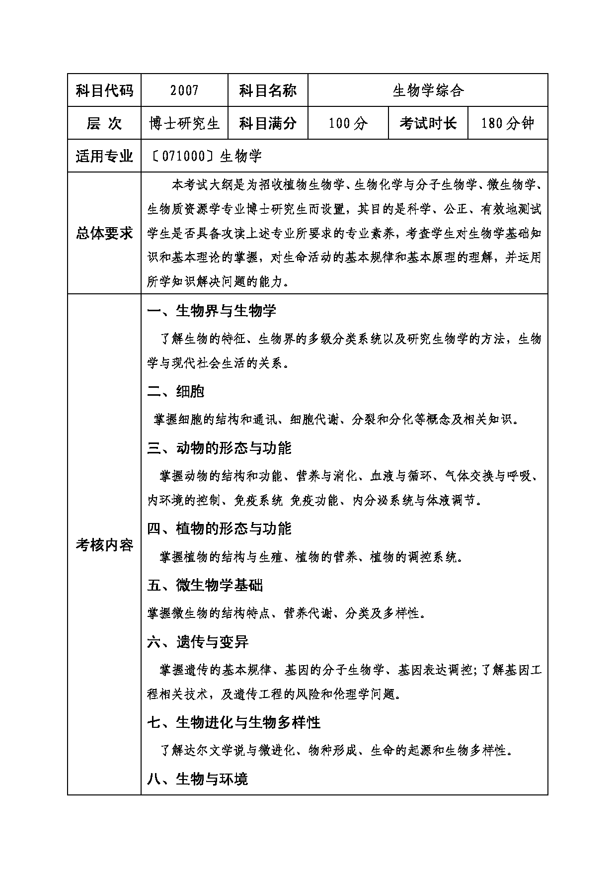 2022考研大纲：西南科技大学2022年博士自命题科目 2007 生物学综合 考试大纲第1页