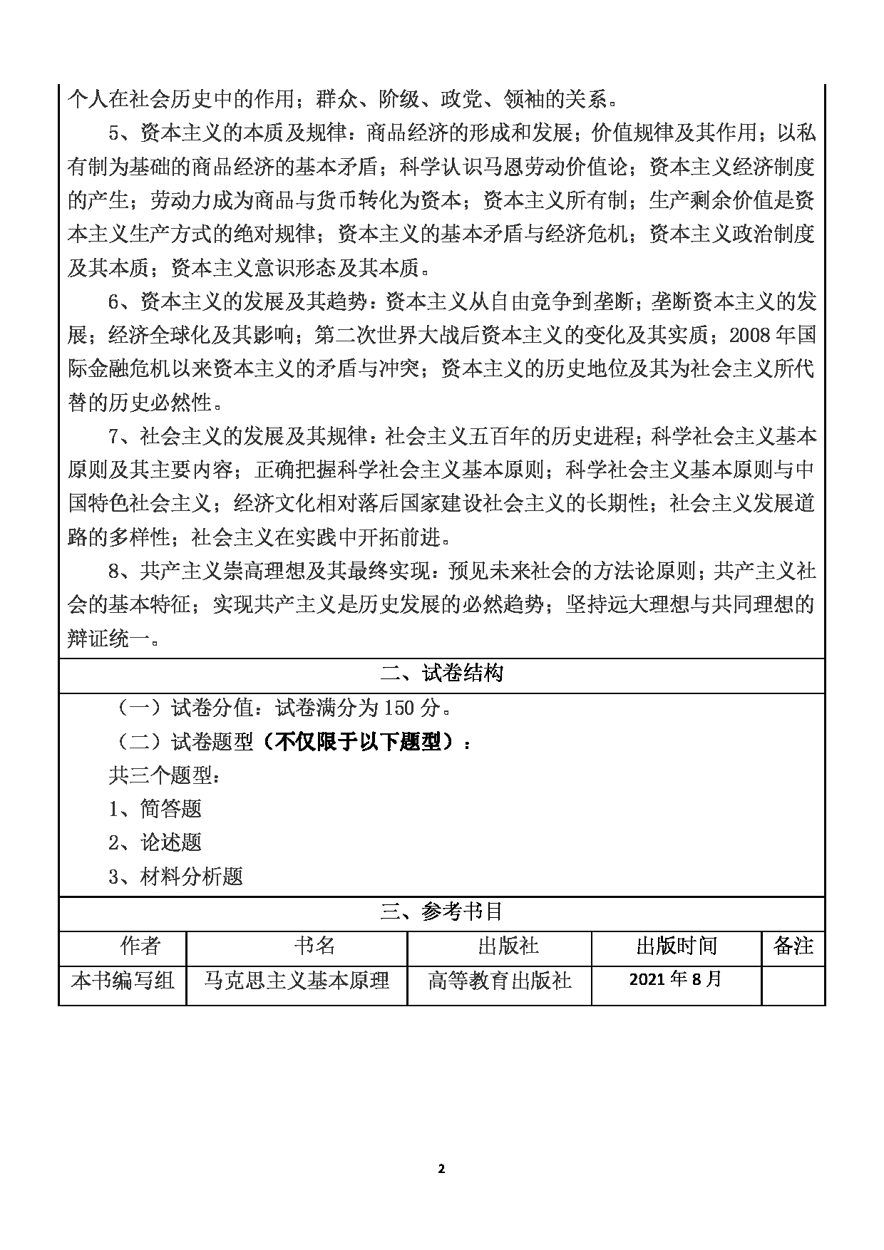 2023考研大纲：武汉科技大学2023年考研科目 612-马克思主义基本原理 考试大纲第2页