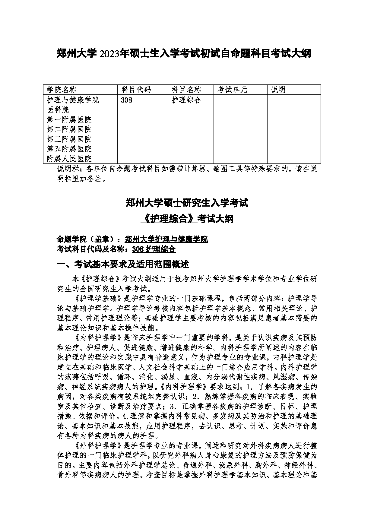 2023考研大纲:郑州大学2023年考研自命题科目 308护理综合 考试大纲第1页 2023考研大纲:郑州大学2023年考研自命题科目 308护理综合 考试大纲第1页