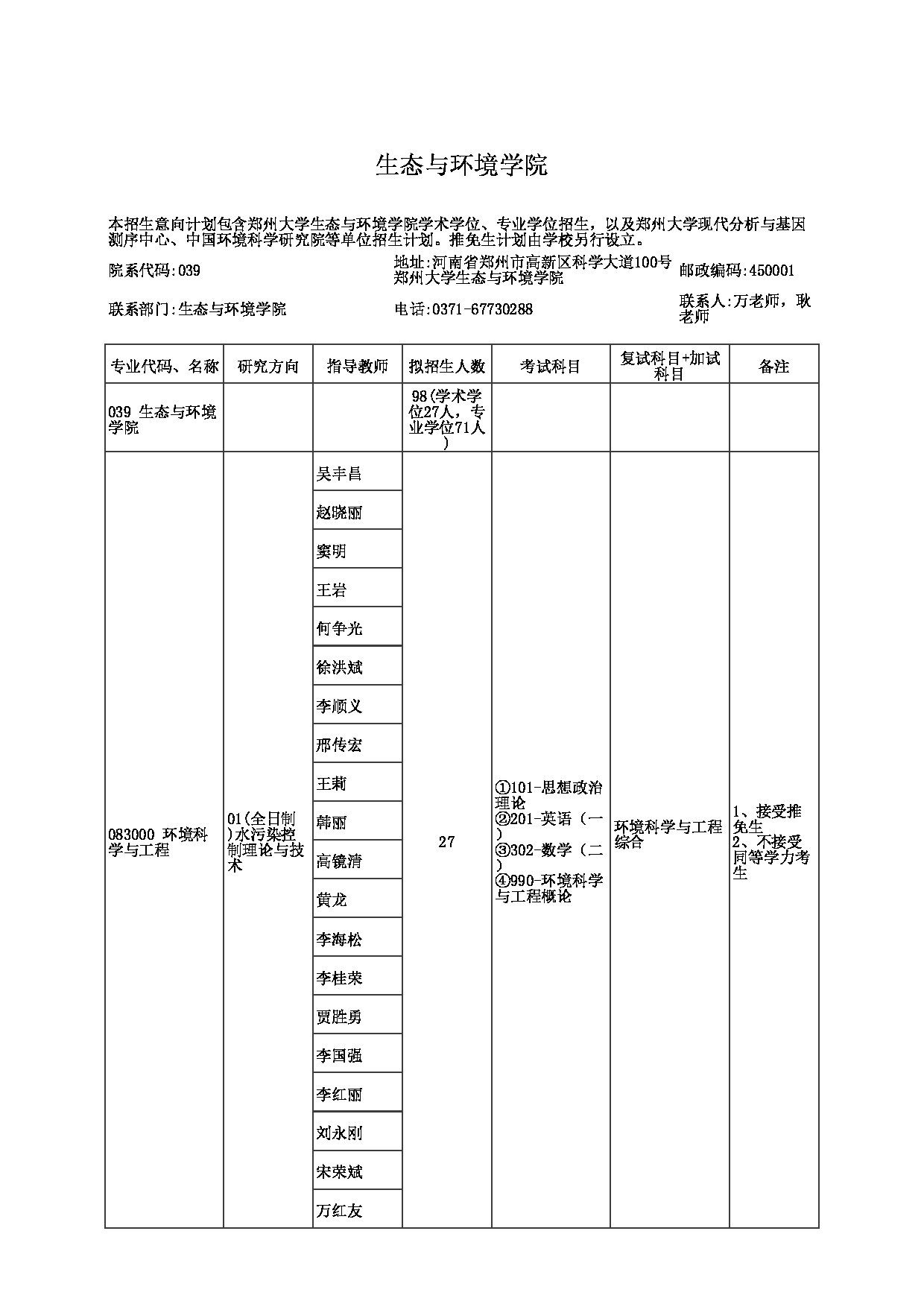 2023招生目录：郑州大学2023年考研  039生态与环境学院 招生专业目录第1页