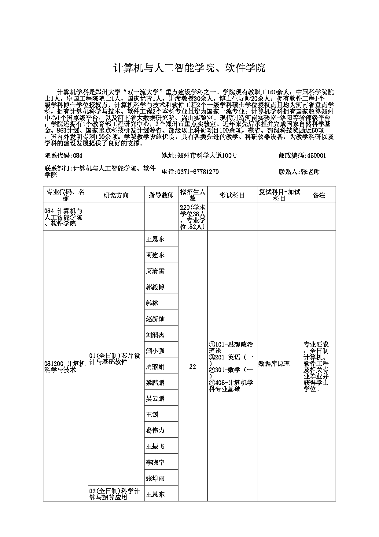 2023招生目录：郑州大学2023年考研  084计算机与人工智能学院 招生专业目录第1页