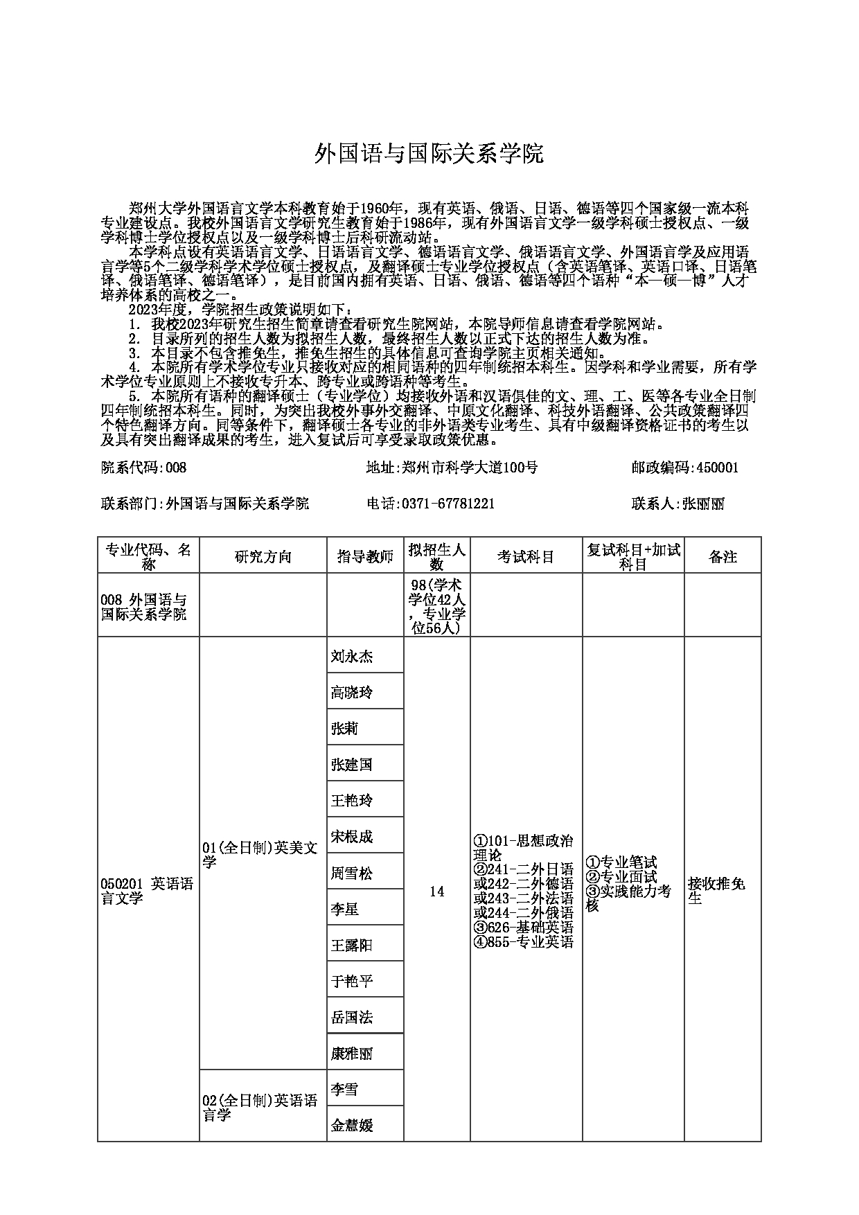 2023招生目录：郑州大学2023年考研  008外国语与国际关系学院 招生专业目录第1页