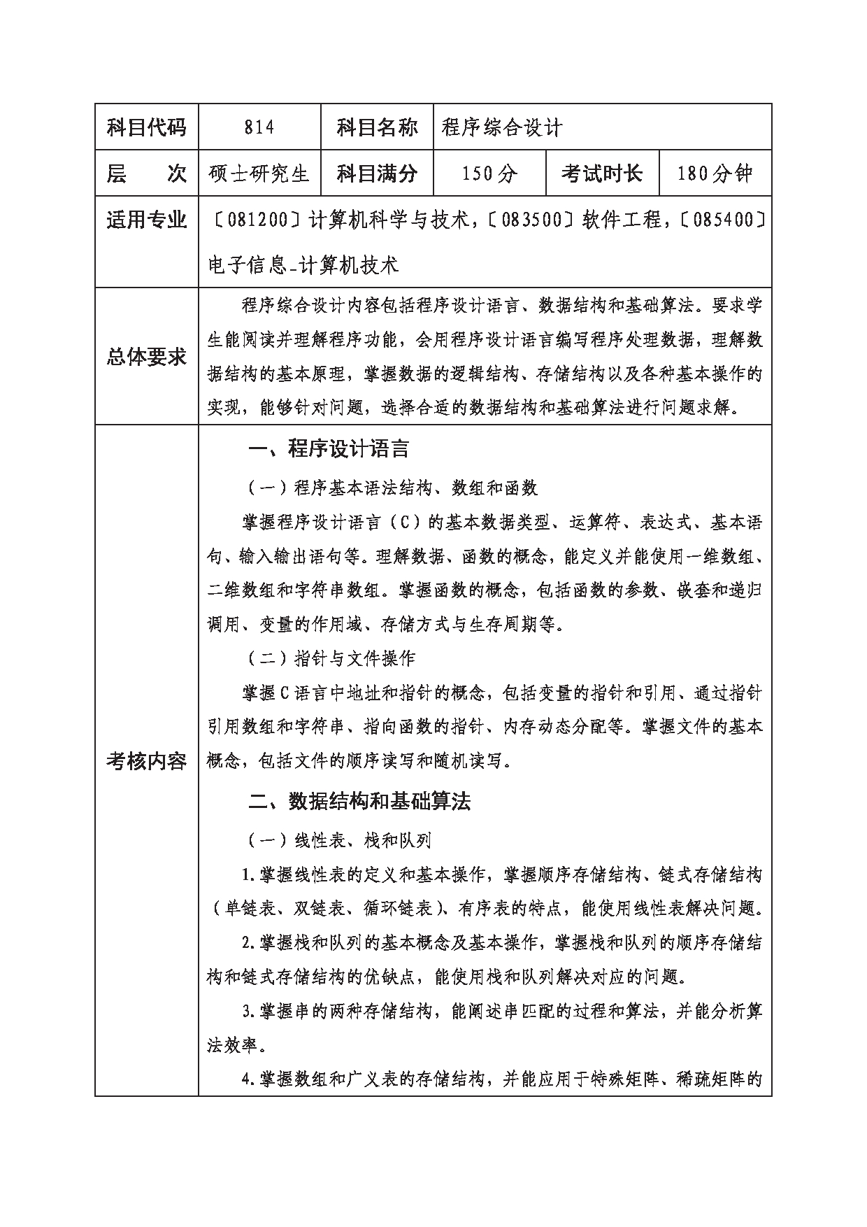 2023考研大纲：西南科技大学2023年考研自命题科目 814 程序综合设计 考试大纲第1页