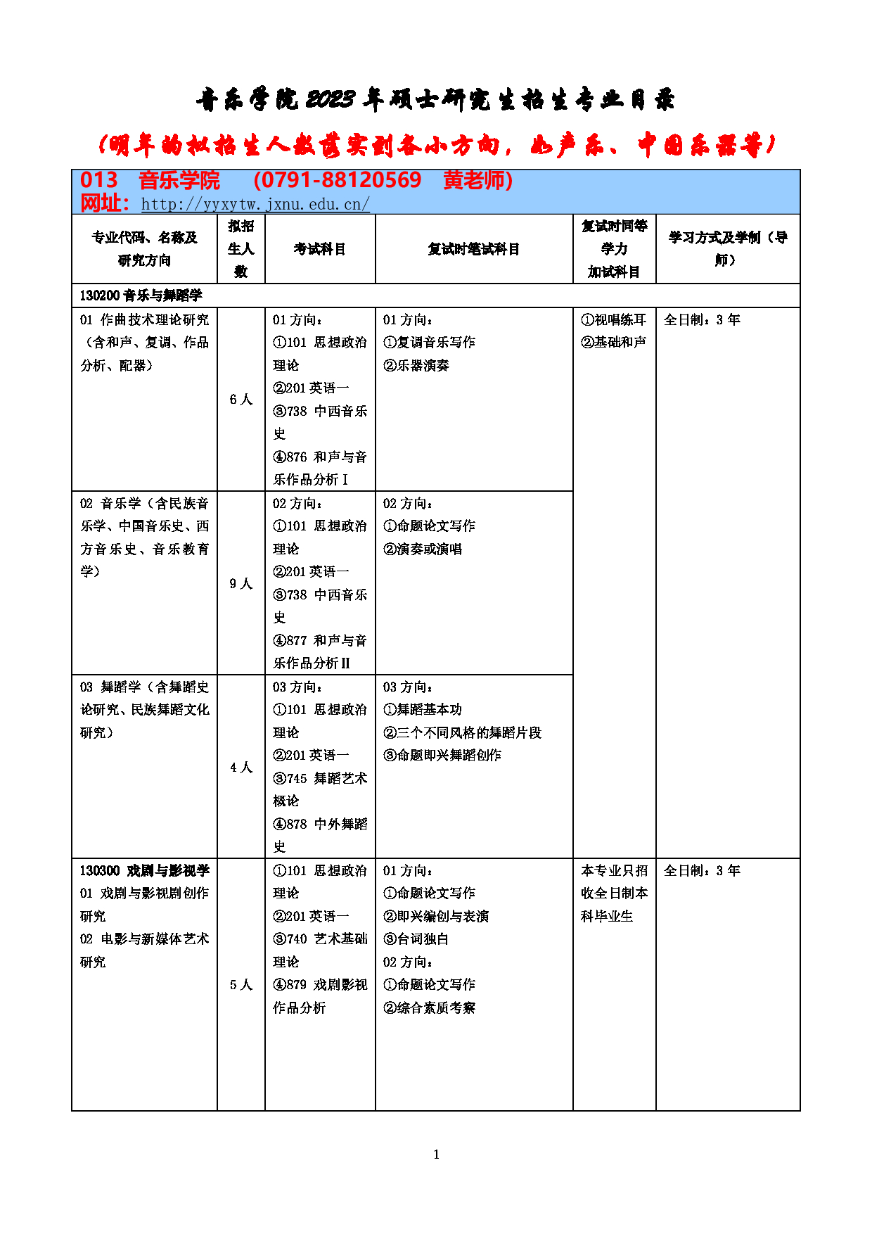 2023参考书目：江西师范大学2023年考研 013音乐学院 参考书目第1页