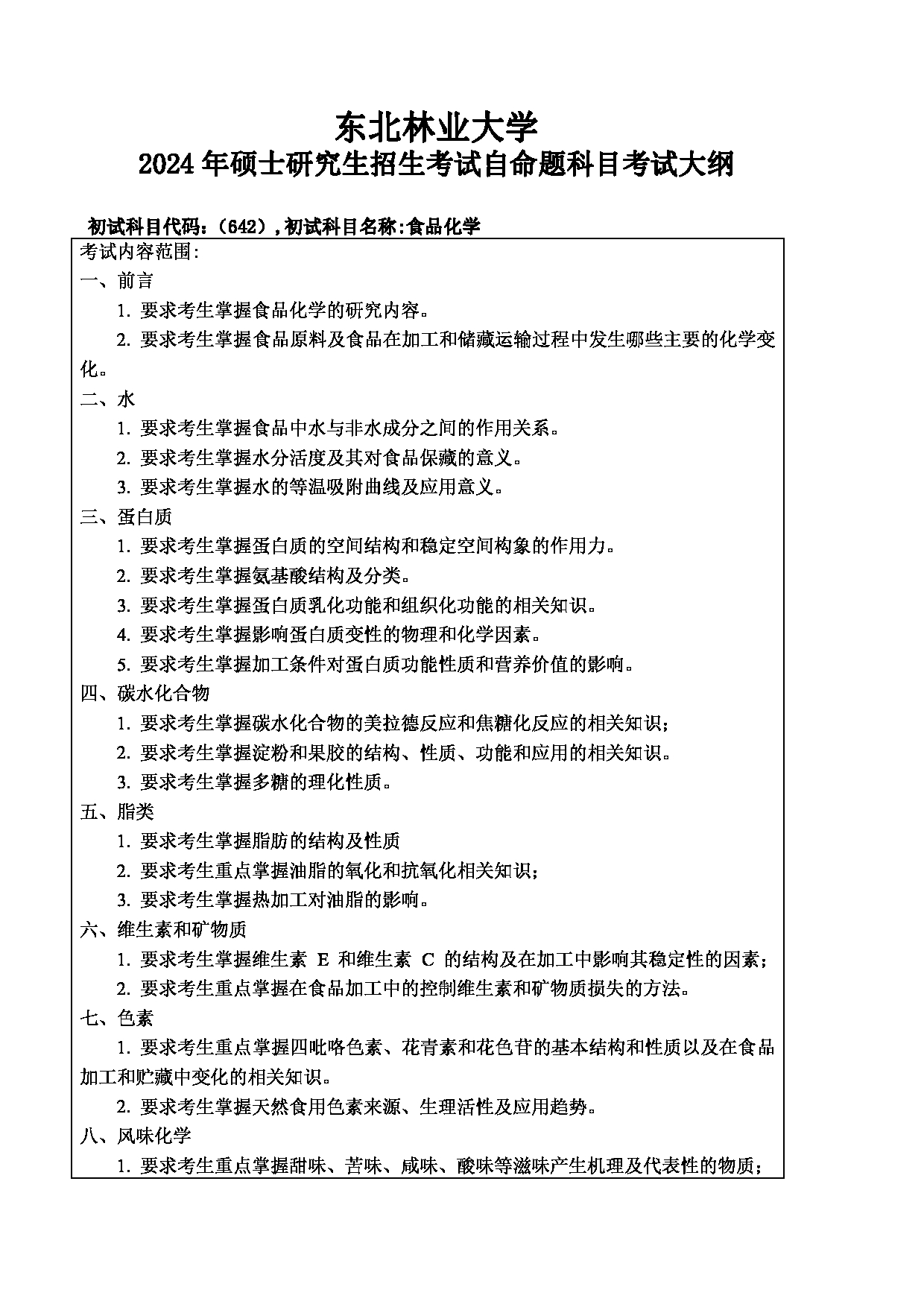 2024考研大纲：东北林业大学2024年考研自命题科目 014-生命学院 642-食品化学 考试大纲第1页
