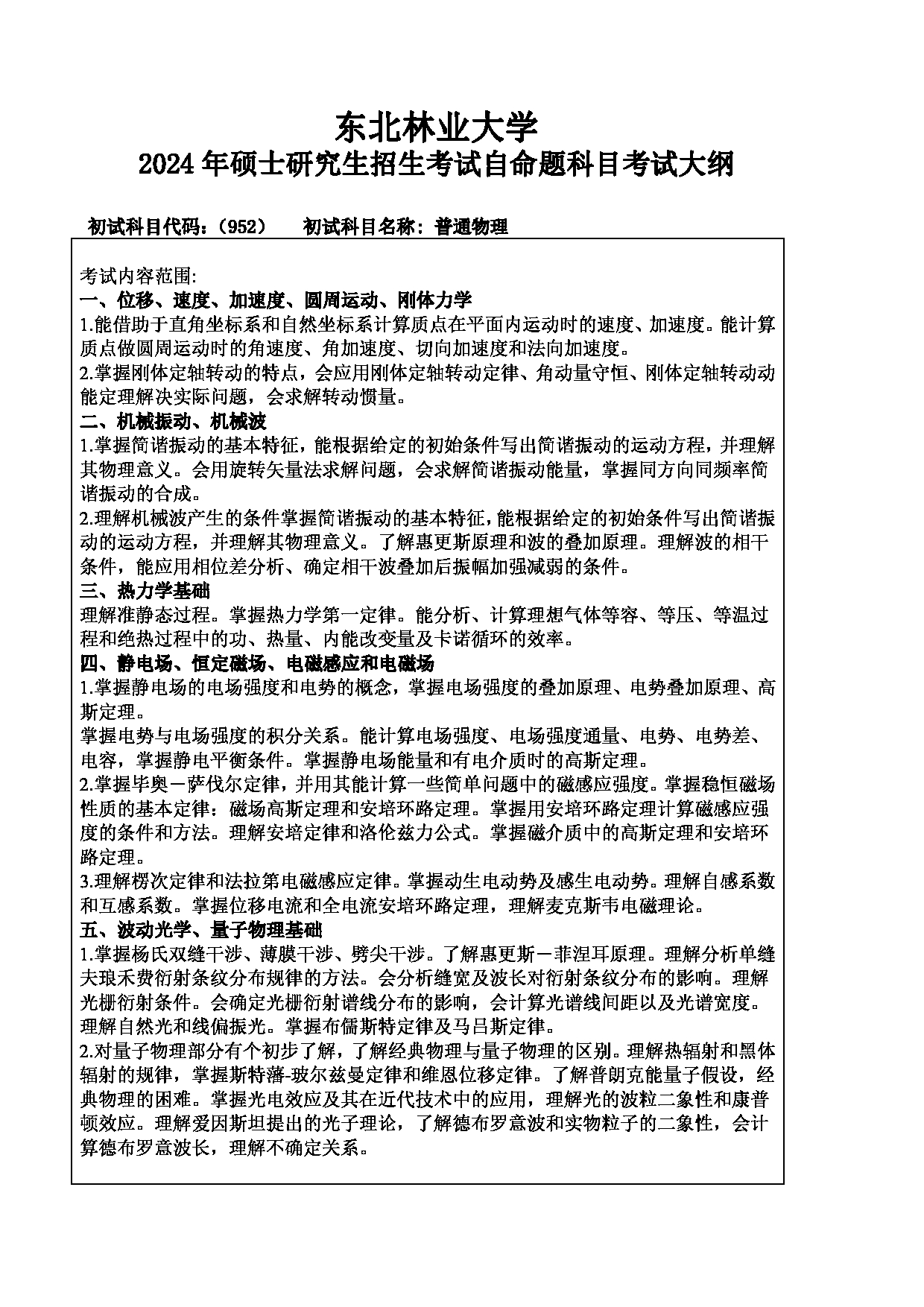 2024考研大纲：东北林业大学2024年考研自命题科目 015-理学院 952-普通物理 考试大纲第1页
