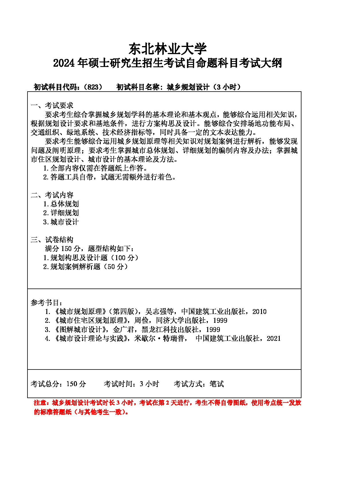 2024考研大纲：东北林业大学2024年考研自命题科目 002-园林学院 823-城乡规划设计（3小时） 考试大纲第1页
