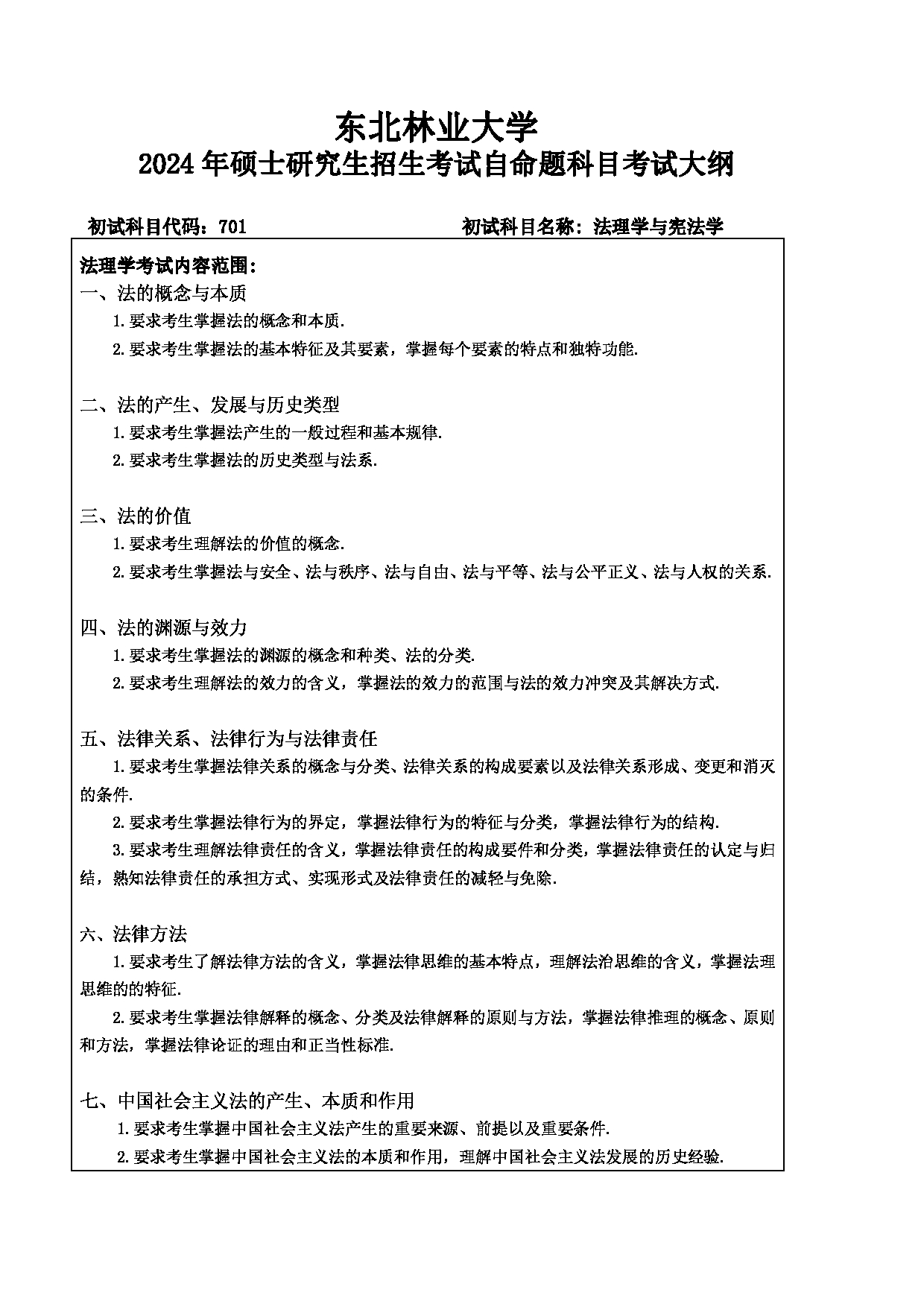 2024考研大纲：东北林业大学2024年考研自命题科目 010-文法学院 701-法理学与宪法学 考试大纲第1页