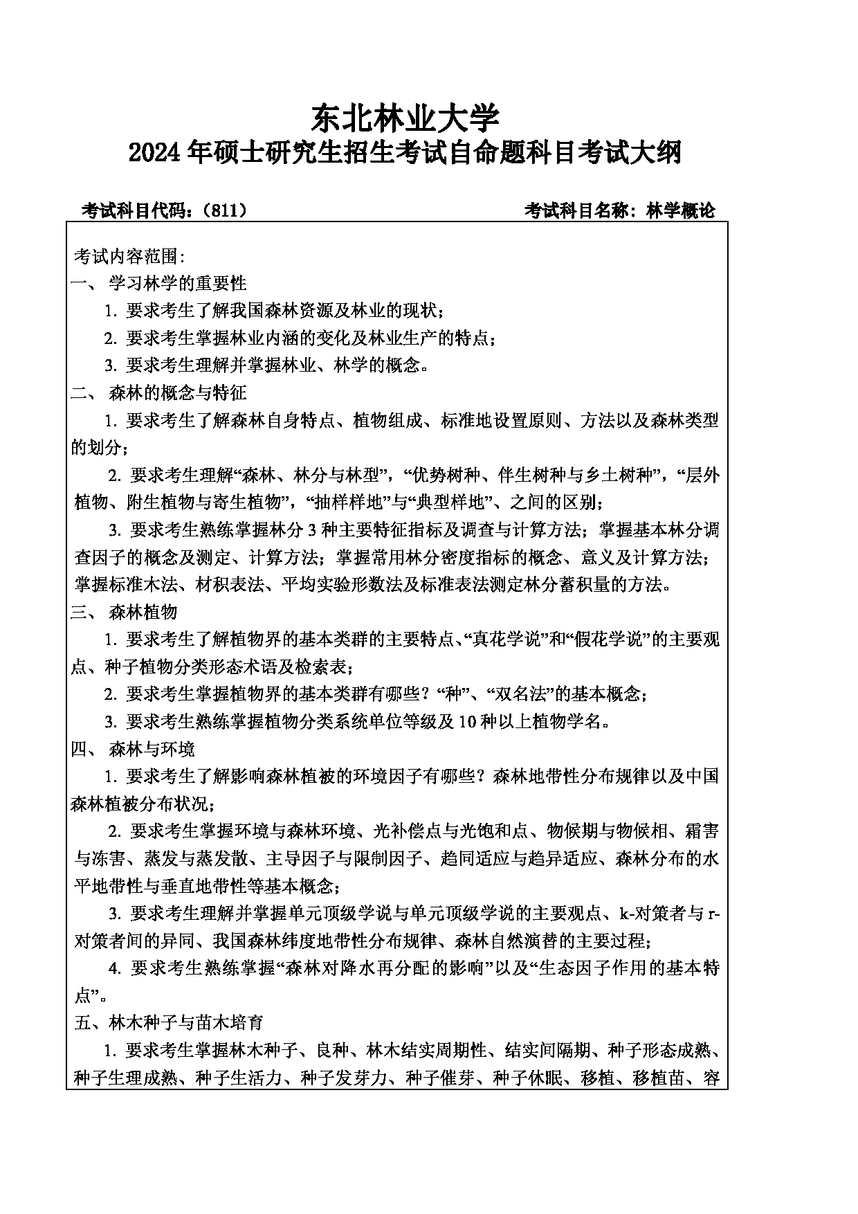 2024考研大纲：东北林业大学2024年考研自命题科目 001-林学院 811-林学概论 考试大纲第1页