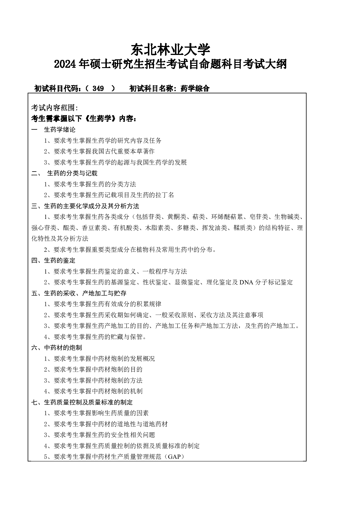 2024考研大纲：东北林业大学2024年考研自命题科目 004-化资学院 349-药学综合 考试大纲第1页