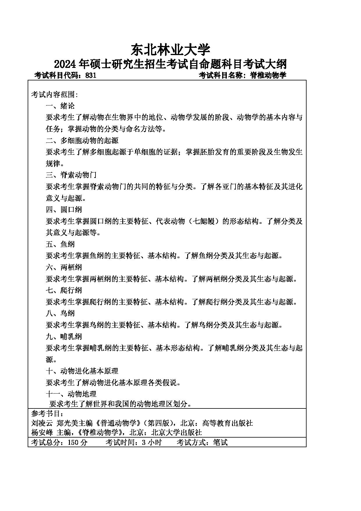 2024考研大纲：东北林业大学2024年考研自命题科目 003-动保学院 831-脊椎动物学 考试大纲第1页