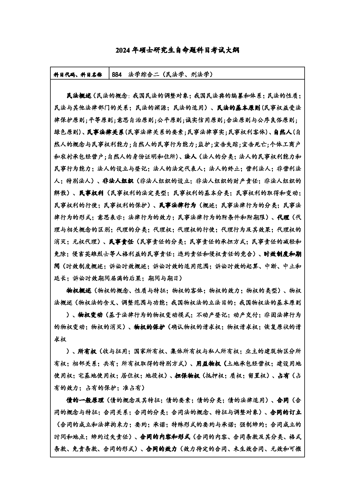 2024考研大纲：常州大学2024年考研自命题科目 884 法学综合二（民法学、刑法学） 考试大纲第1页