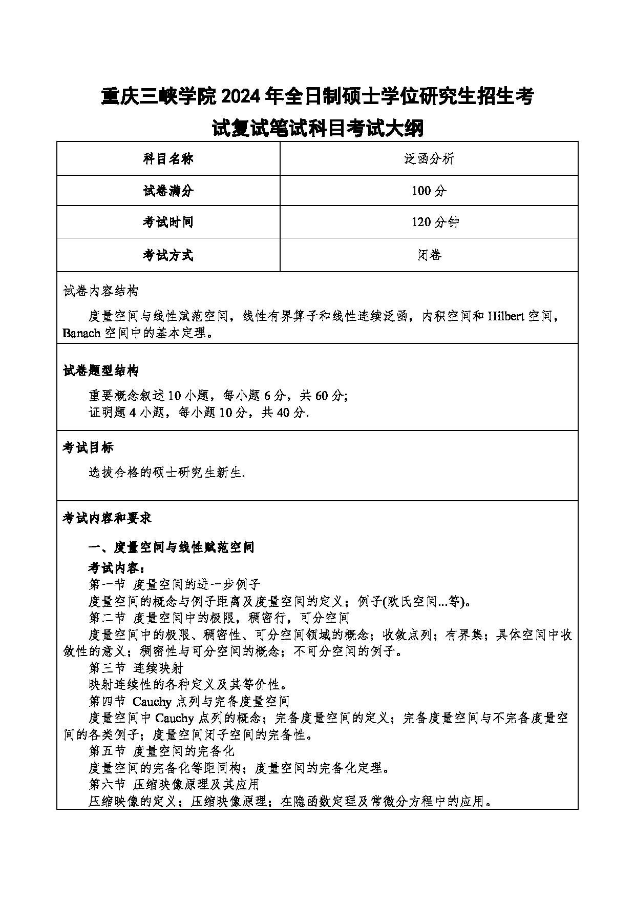 2024考研大纲：重庆三峡学院2024年考研 005数学与统计学院 2.复试笔试科目泛函分析 考试大纲第1页