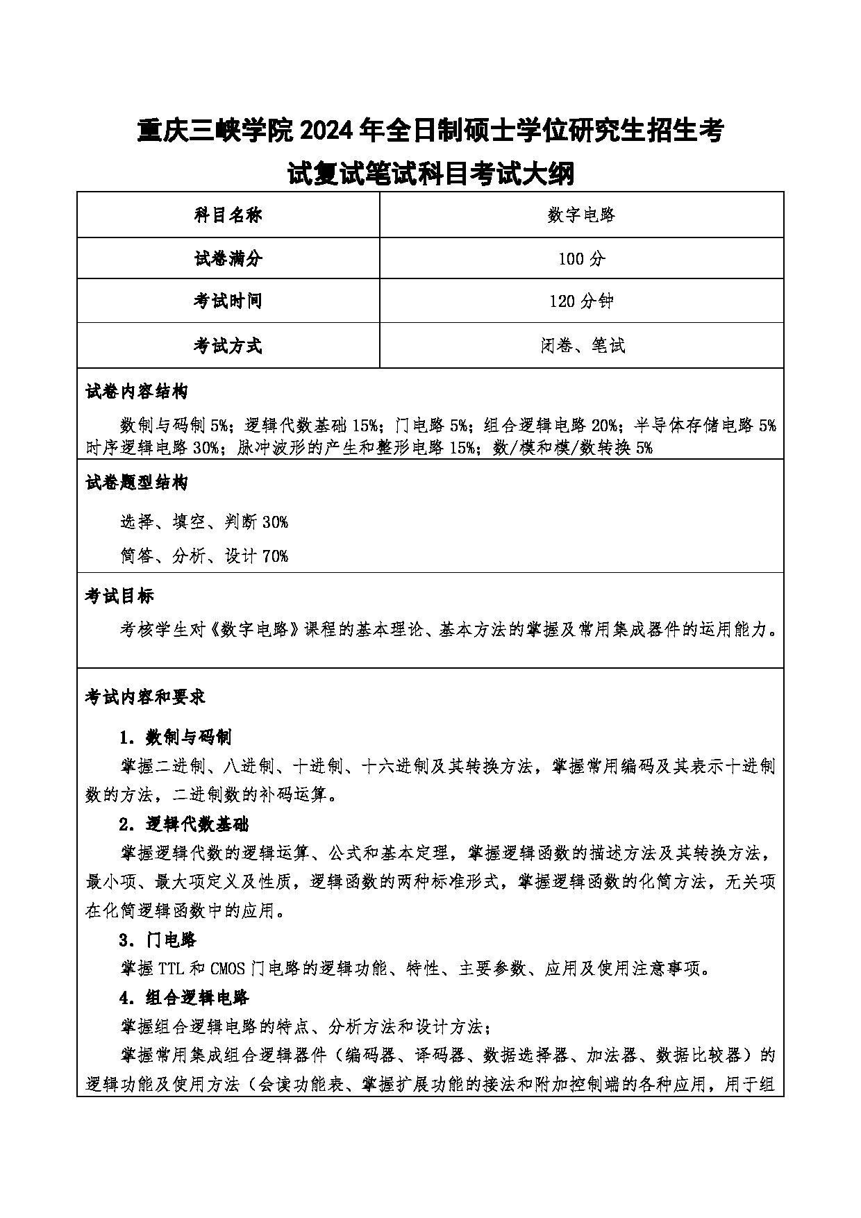 2024考研大纲：重庆三峡学院2024年考研 004机械工程学院 2.复试笔试科目数字电路 考试大纲第1页
