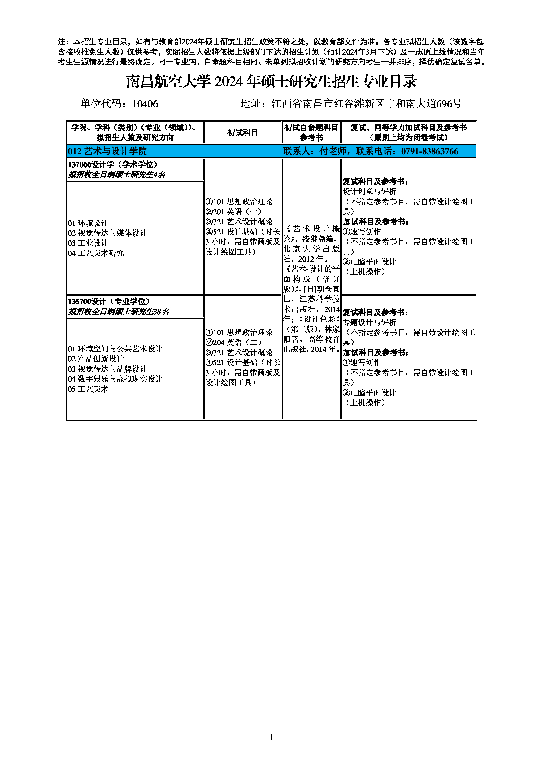 2024招生目录：南昌航空大学2024年考研 012艺术与设计学院 招生专业目录第1页