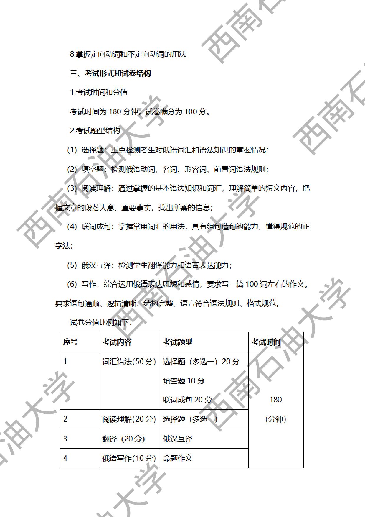 2024考研大纲:西南石油大学2024年考研自命题科目 240 自命题俄语 考试大纲第2页 2024考研大纲:西南石油大学2024年考研自命题科目 240 自命题俄语 考试大纲第2页