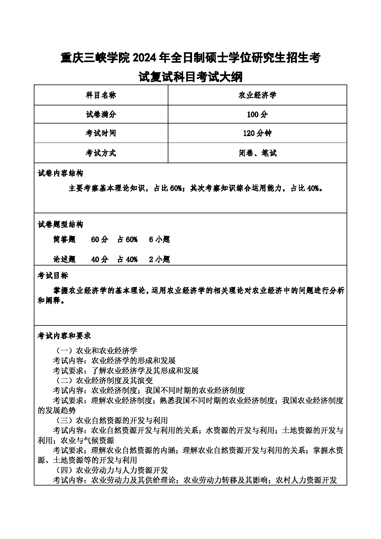 2024考研大纲：重庆三峡学院2024年考研 012财经学院 2.复试笔试科目农业经济学 考试大纲第1页