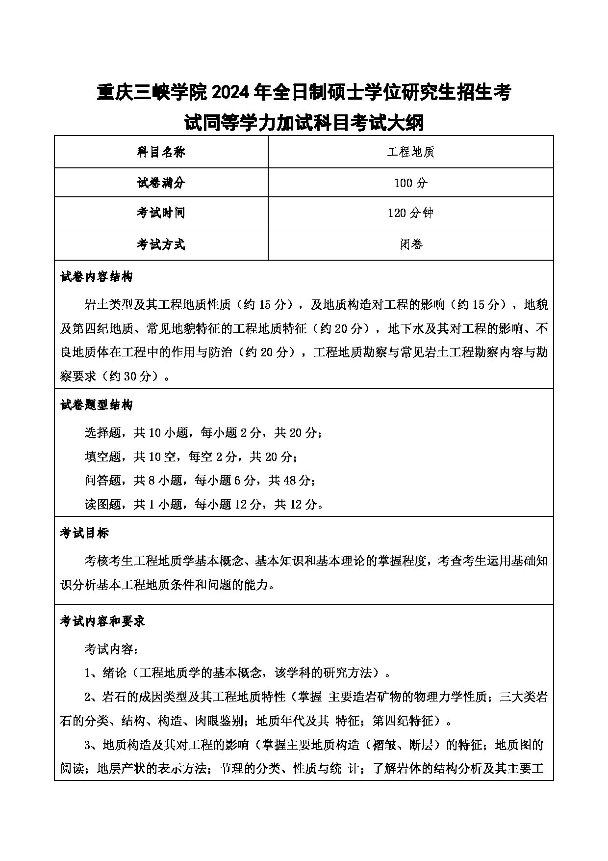 2024考研大纲：重庆三峡学院2024年考研 014土木工程学院 3.同等学力加试科目工程地质 考试大纲第1页
