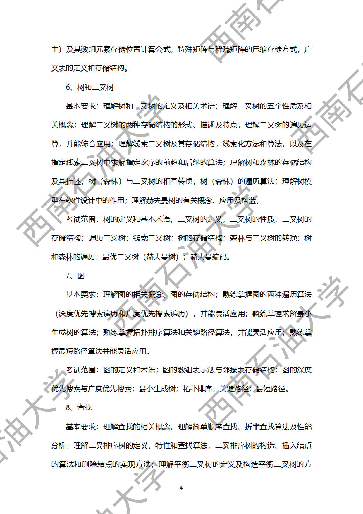 2024考研大纲：西南石油大学2024年考研自命题科目 925计算机学科综合（数据结构+操作系统） 考试大纲第4页