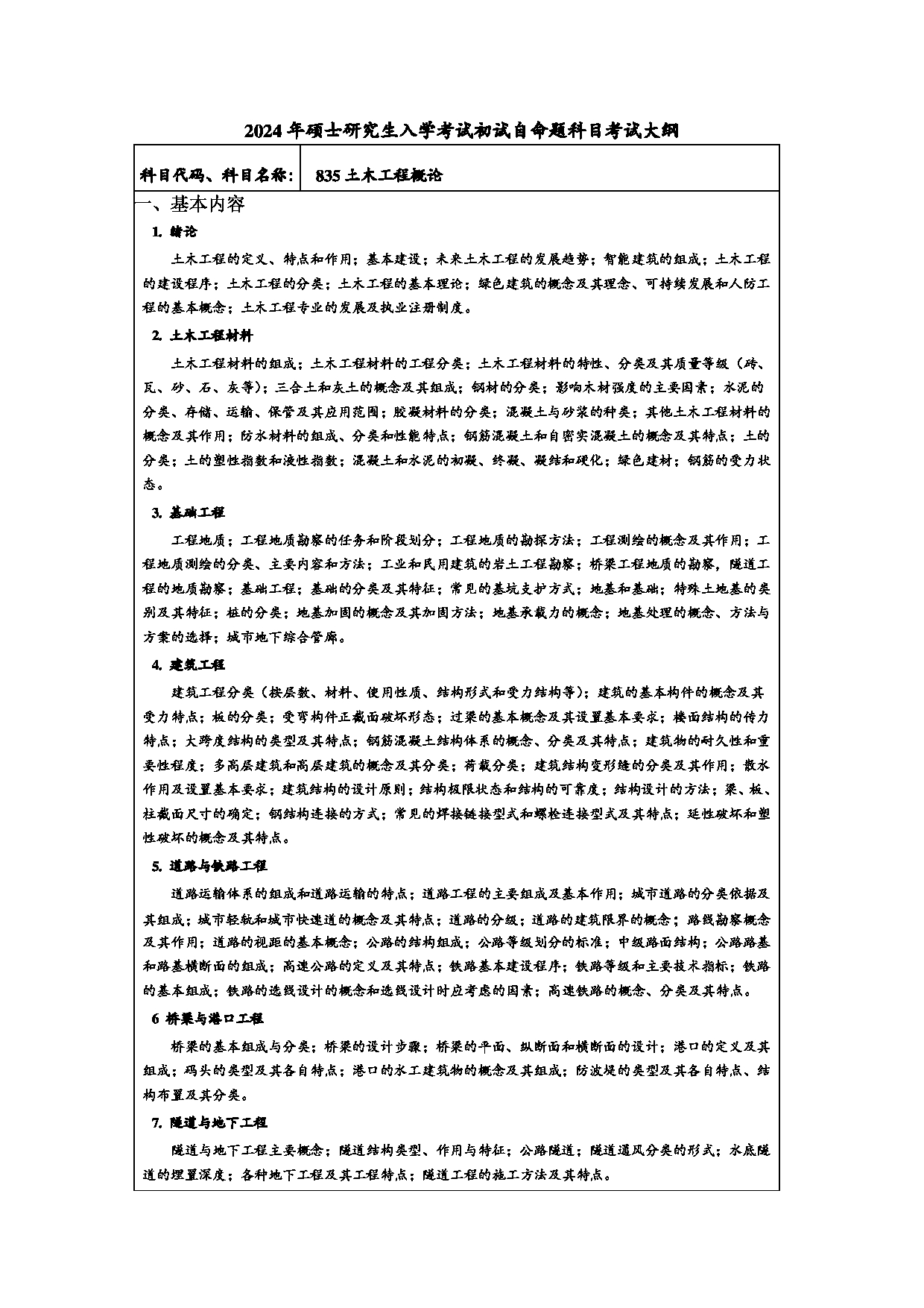 2024考研大纲：常州大学2024年考研自命题科目 835土木工程概论 考试大纲第1页