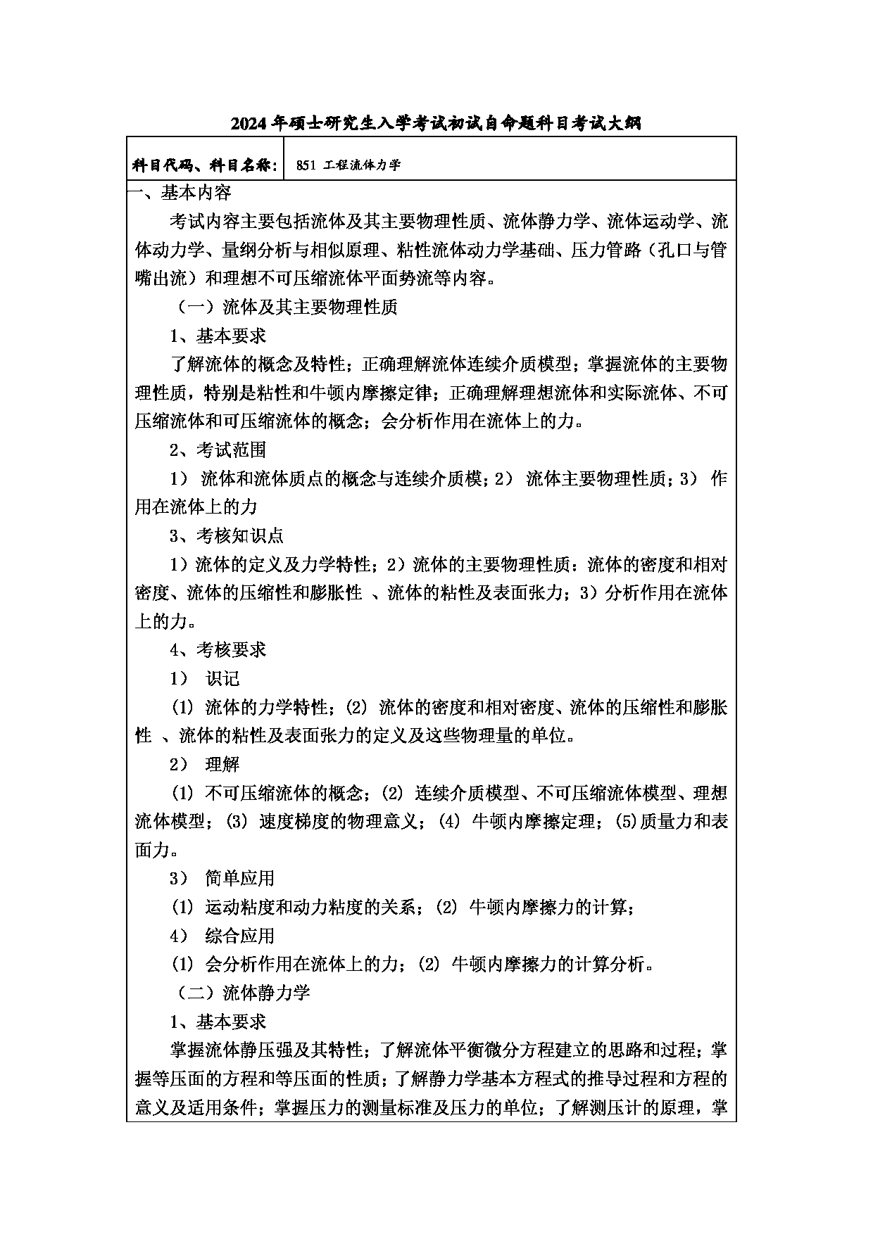 2024考研大纲：常州大学2024年考研自命题科目 851工程流体力学 考试大纲第1页