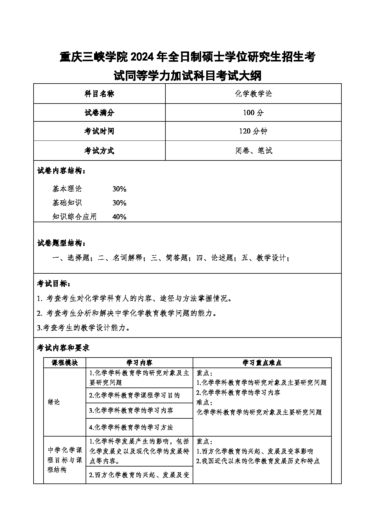 2024考研大纲：重庆三峡学院2024年考研 006环境与化学工程学院 3.同等学力加试科目化学教学论 考试大纲第1页