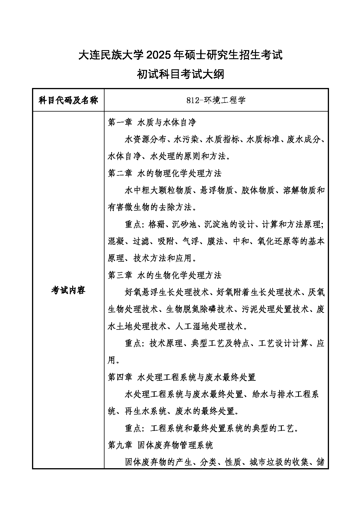 2025考研大纲：大连民族大学2025年考研自命题科目 812-环境工程学 考试大纲第1页