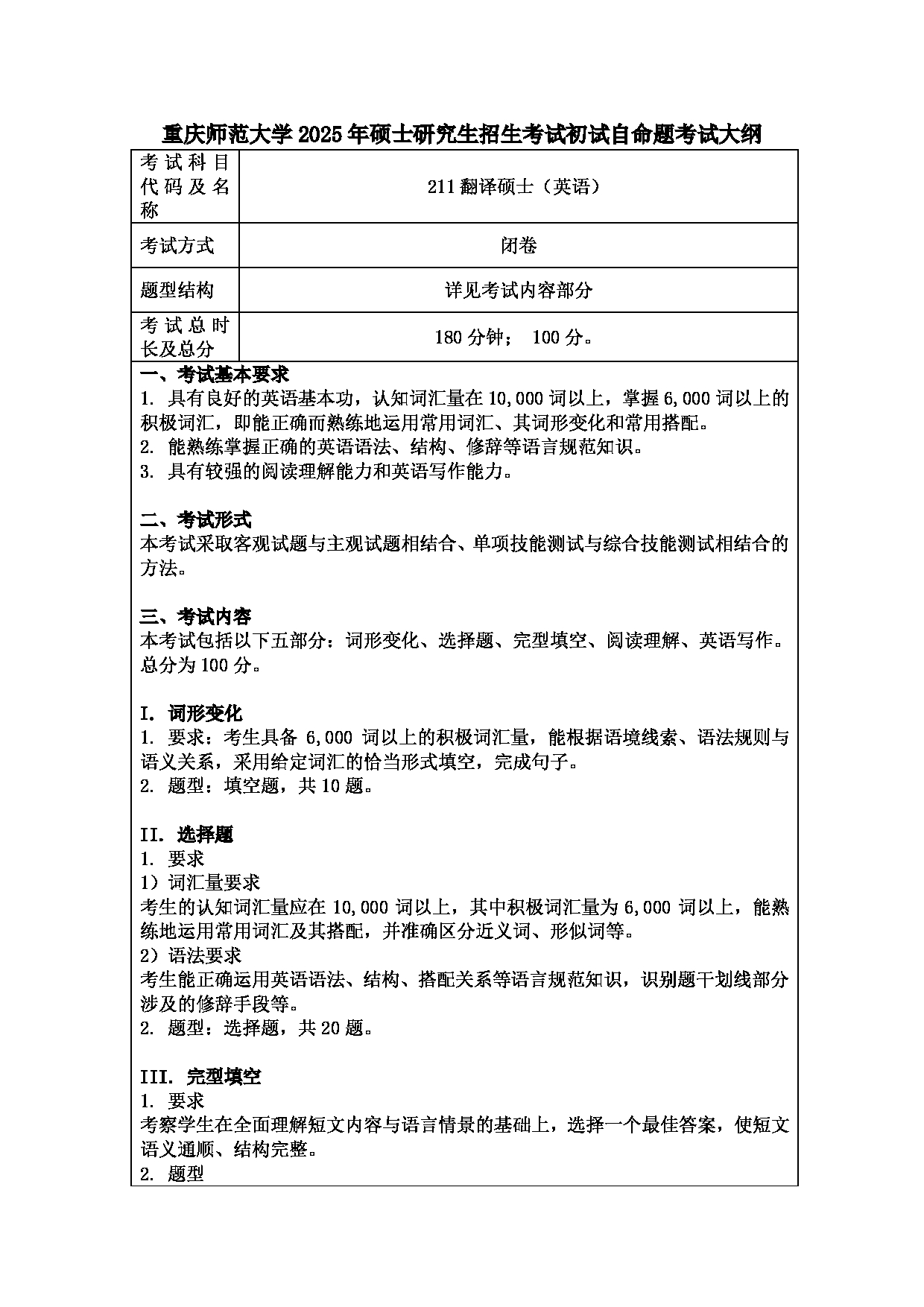 2025考研大纲：重庆师范大学2025年考研自命题科目 211翻译硕士（英语） 考试大纲第1页