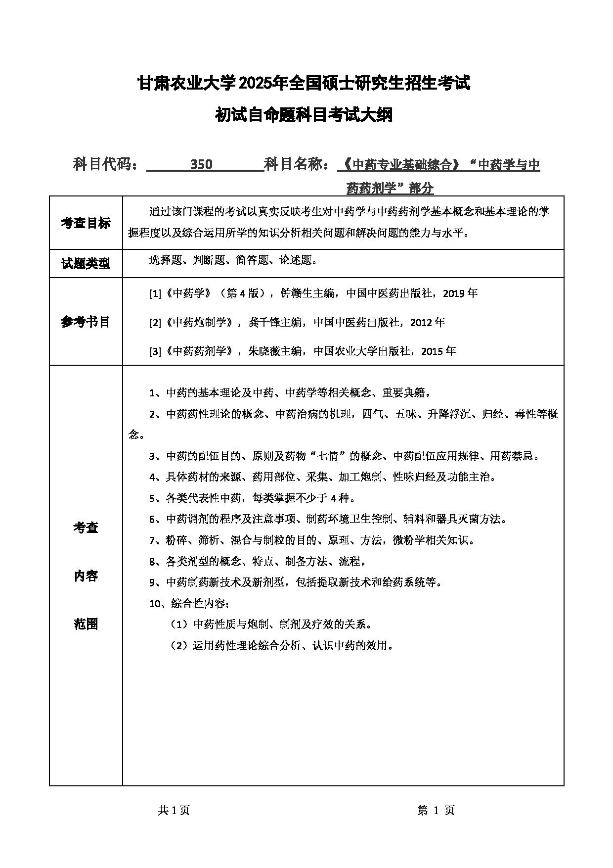 2025考研大纲：甘肃农业大学2025年考研350中药专业基础综合（“中药学与中药药剂学”部分)考试大纲第1页