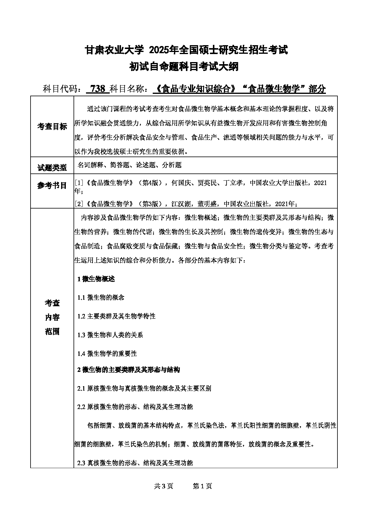 2025考研大纲：甘肃农业大学2025年考研自命题科目 738食品专业知识综合（“食品微生物学”部分） 考试大纲第1页