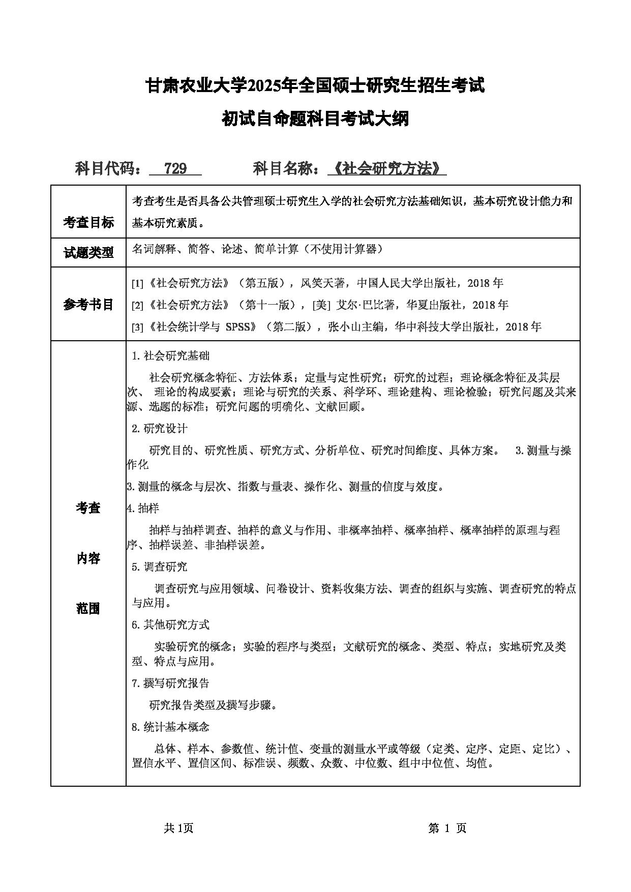 2025考研大纲：甘肃农业大学2025年考研自命题科目 729社会研究方法 考试大纲第1页