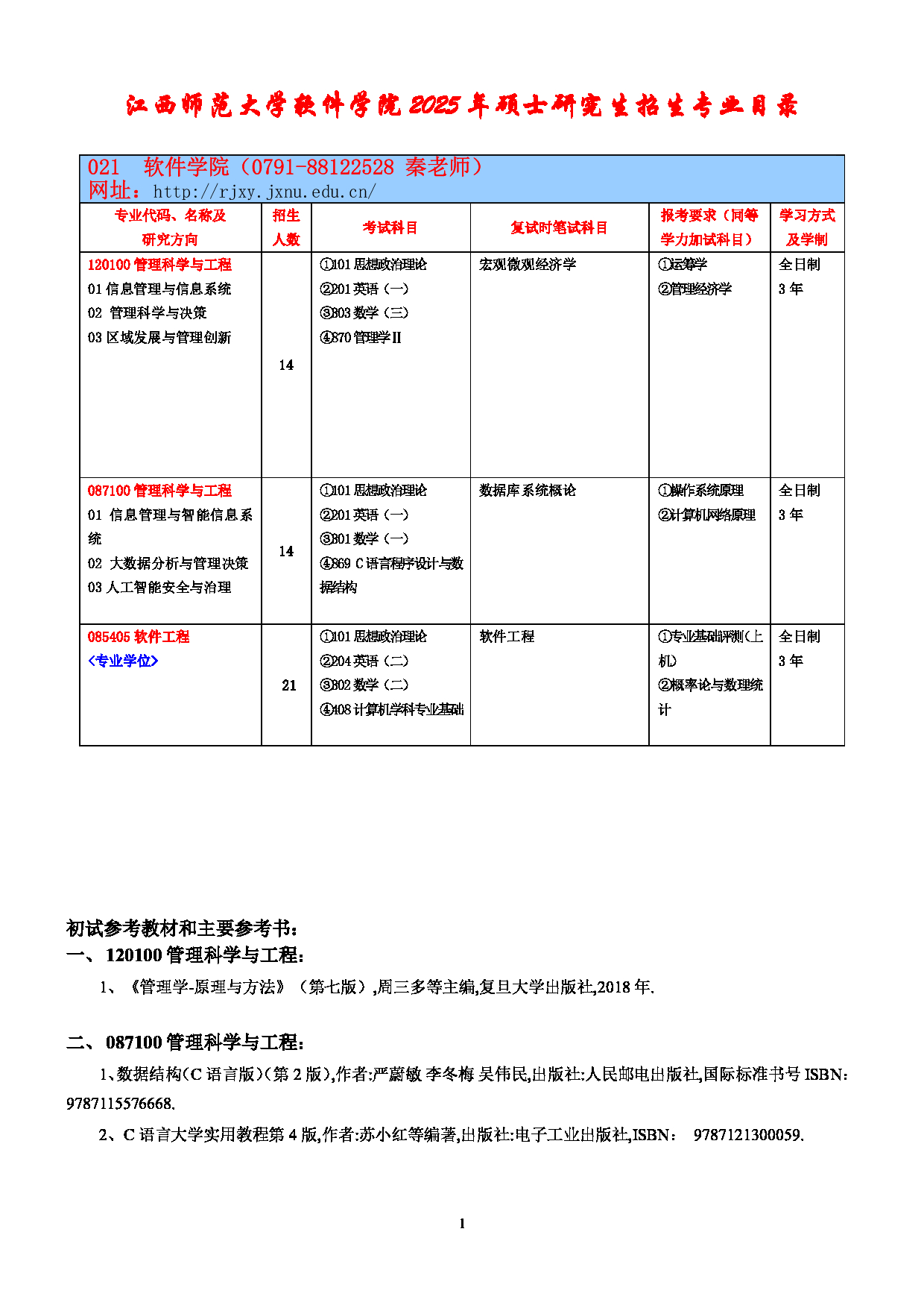 2025考研参考书目:江西师范大学021软件学院2025年考研自命题科目参考书目第1页 2025考研参考书目:江西师范大学021软件学院2025年考研自命题科目参考书目第1页