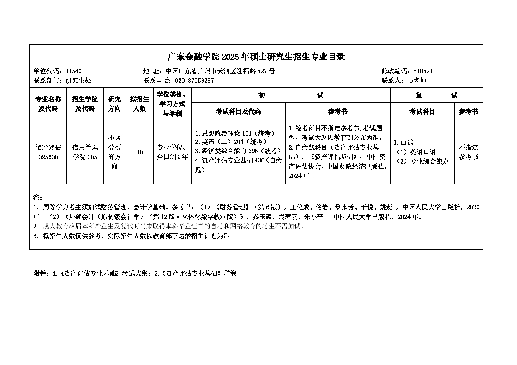 广东金融学院2025年考研大纲：025600资产评估硕士第1页