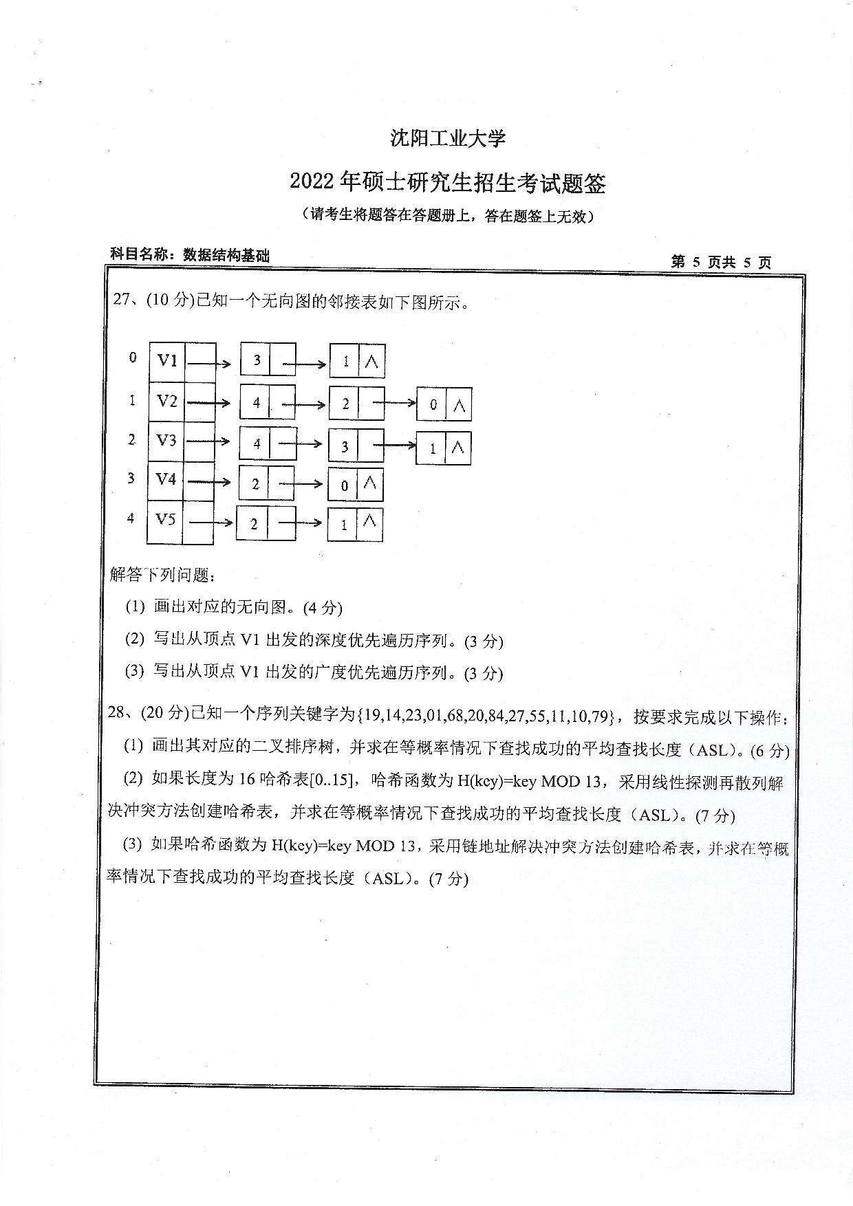 沈阳工业大学2022年考研真题：007 人工智能学院-855 数据结构与基础（2022）第5页