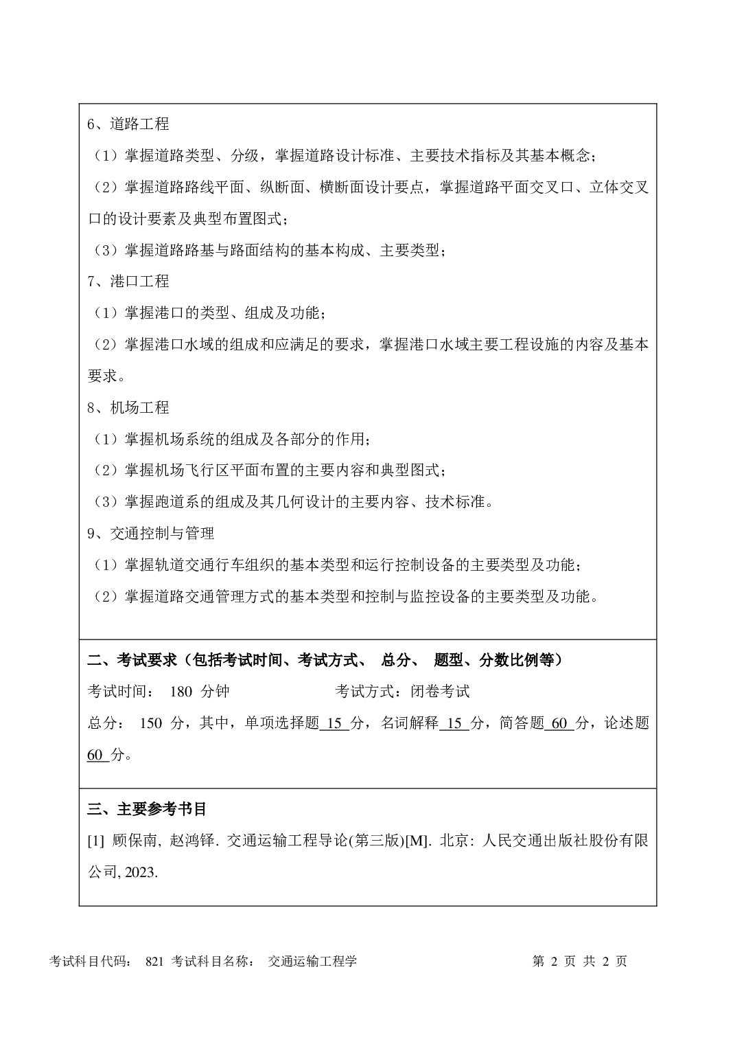 南京工程学院2025年考研大纲：交通运输工程考试大纲第2页