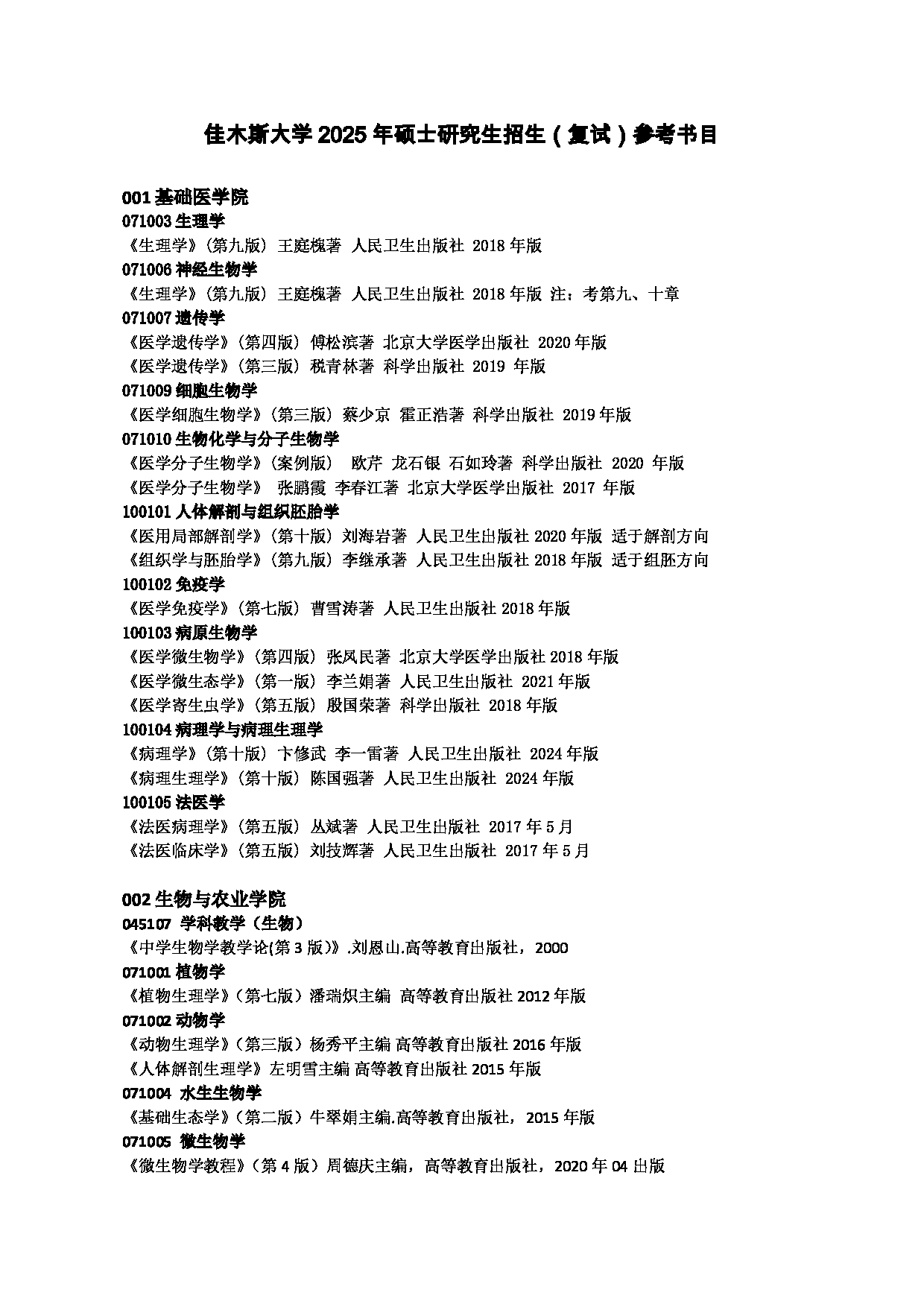 2025复试参考书目：佳木斯大学2025年考研复试参考书目第1页